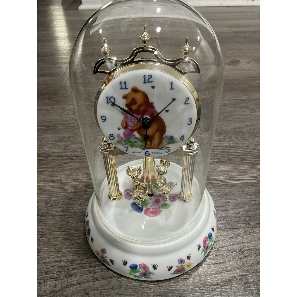 Disney Winnie The Pooh Anniversary Floral Clock Glass Dome Porcelain Base Dial